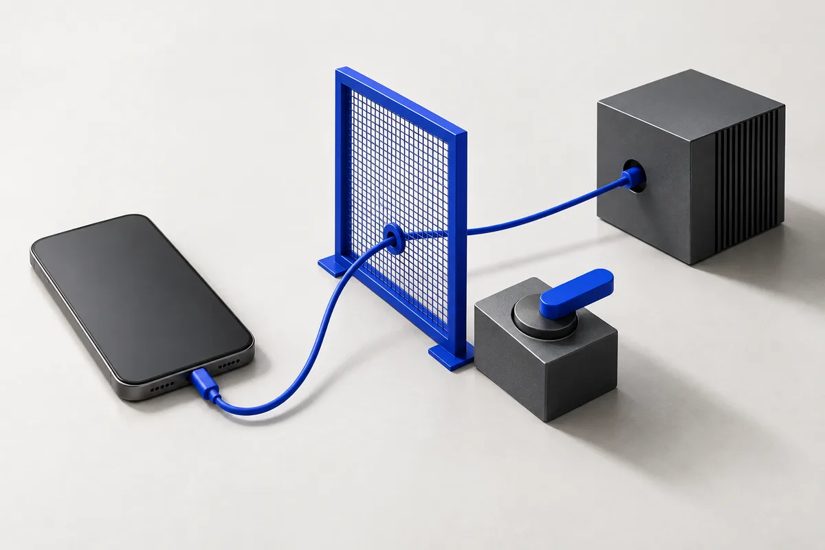 Concept illustration of a permission gate and a human-operated switch between a phone and model system
