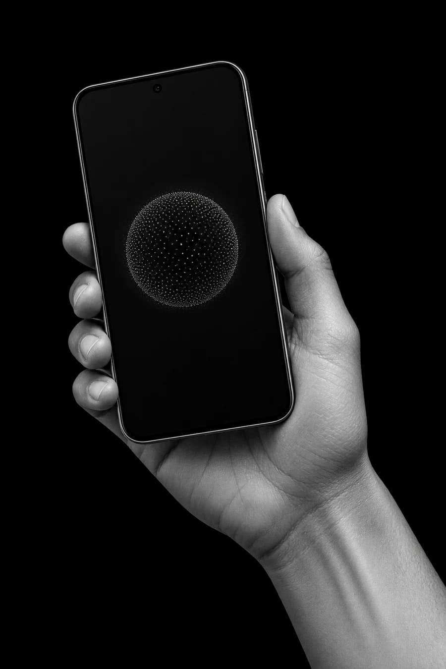 Concept artwork of a hand holding an Android phone with the Solace orb on screen